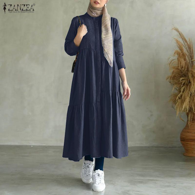 ZANZEA Women Casual Round Neck Solid Color Long Sleeve Loose Dress