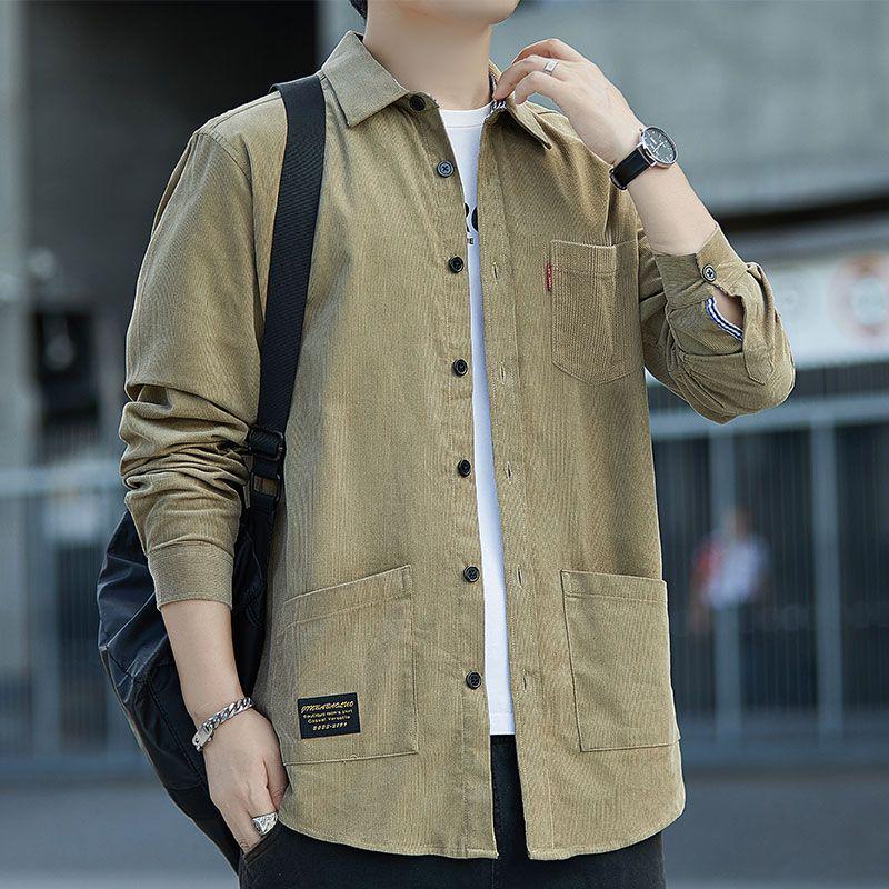 Men's Fleece-Lined Corduroy Shirt Jacket with Pockets - Long Sleeve, Thick, Loose Fit for Autumn/Winter.