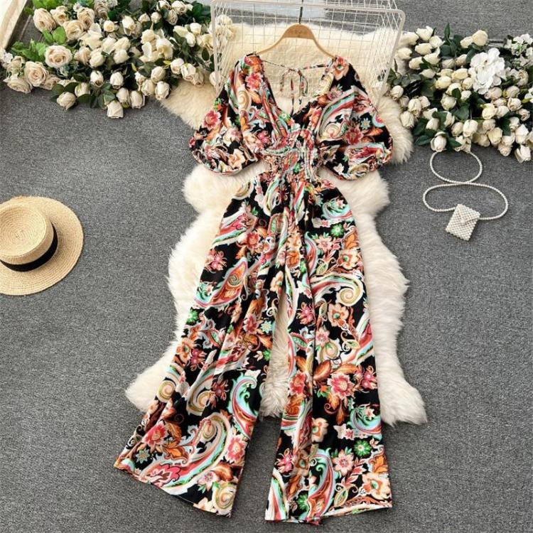 Sexy Waist Slim Jumpsuit with Dolman Sleeves Polka Dot Print Wide Leg Trousers Neck Design