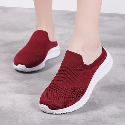 Flyknit Women's Shoes Lightweight Soft Soled Sports Shoes Semi Draggable Round Toe Casual Breathable Mesh Women's Singles Shoes