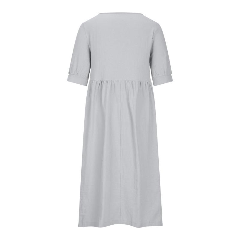 GMXIA Women's Solid Colour Loose Waist Midi Dress Cotton O-Neck Slim Dresses