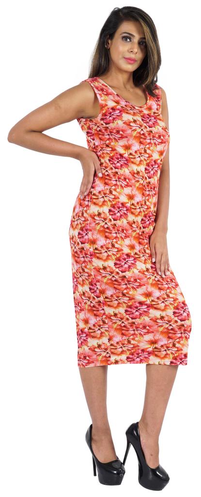 Bimba Printed Bodycon Midi Dress For Women Casual Sleeveless Viscose Jersey