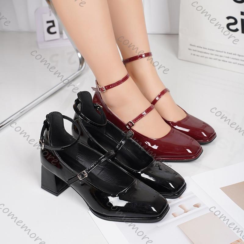 Fashion Comemore Square Head Mary Jane Shoes Women Spring Autumn Retro Belt Buckle Shallow Mouth Single Shoes Black Red High Heel Pumps