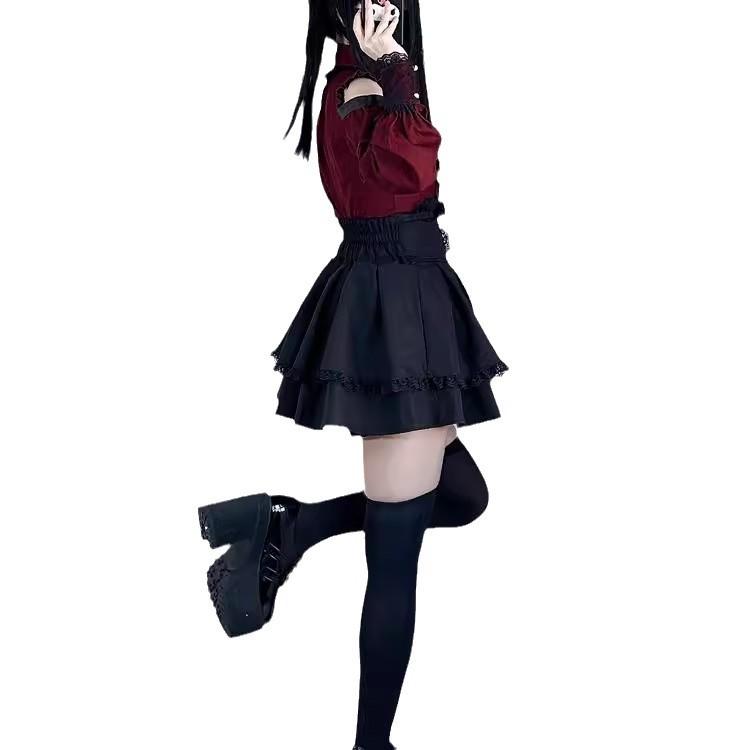 Japonský černý set krátkých sukní Gotické volánové minisukně Sexy krajkové košile Lolita šaty Y2k Estetický oblek