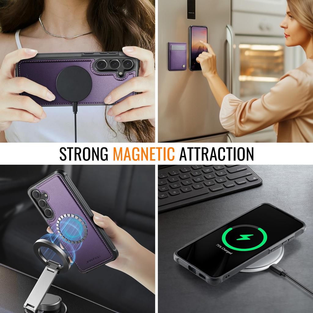 For Samsung Galaxy S24 FE Leather Back Cover Magnetic Case JEEHOOD J06 Phone Case with Card Bag RFID Blocking
