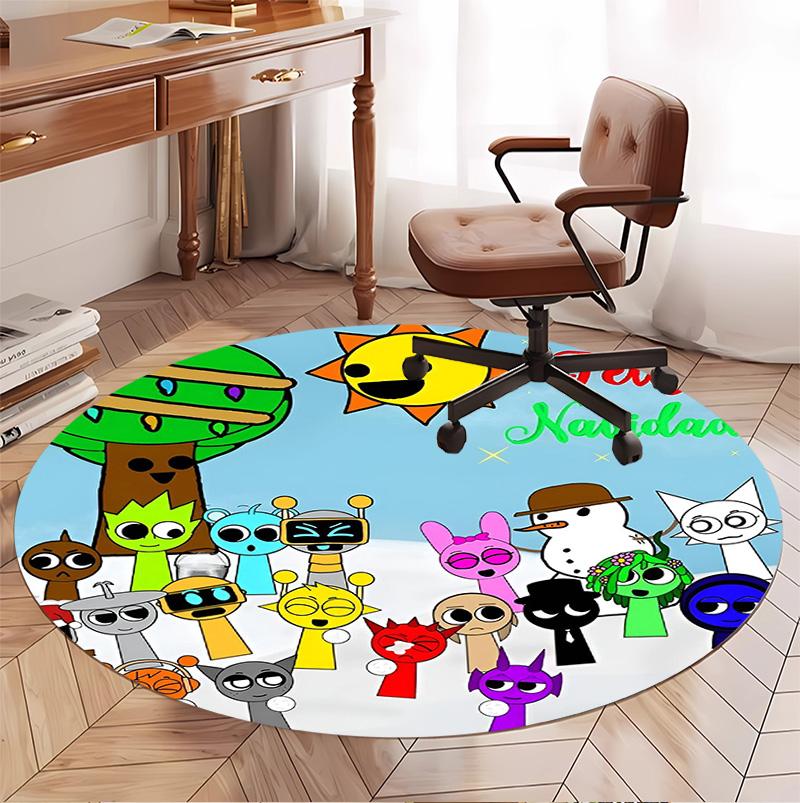 Sprunki Game Pattern Round Rug, Indoor/Outdoor Mat, for Picnic, Gameroom, Bedroom, Office, Living Room, Home Decor Carpet, Birthday Gift