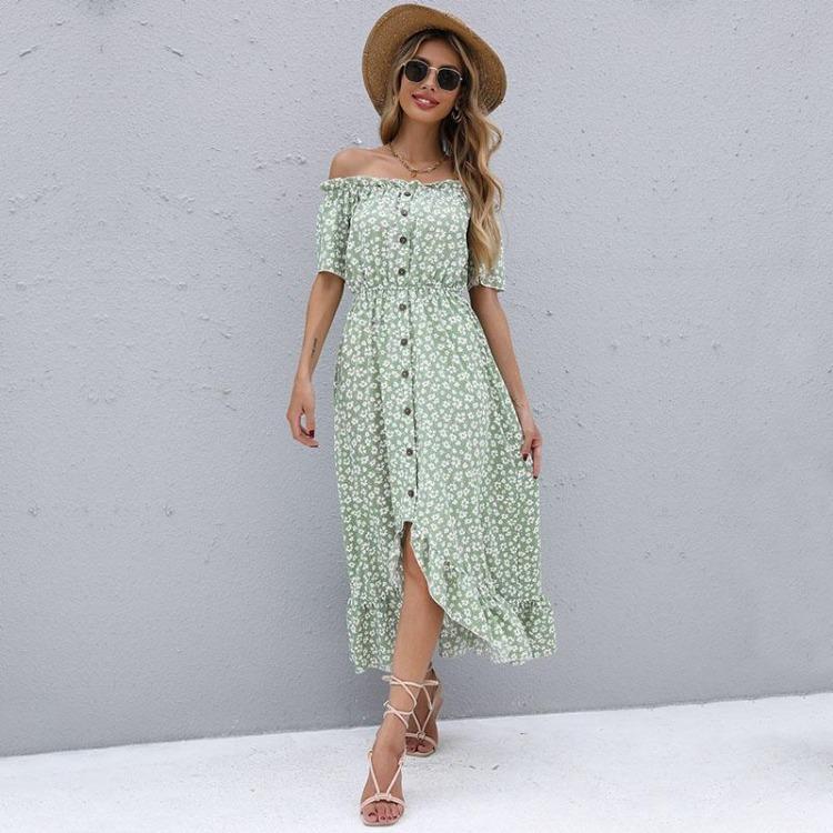 Vestido Casual de Verão Feminino Floral Cintura Alta Manga Curta Irregular Longo Decote Assimétrico S-XL