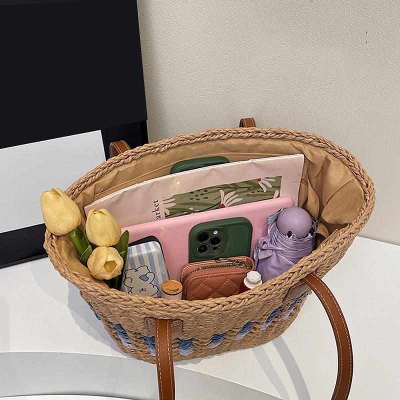 Women'S Casual Handmade Straw Tote Bag Summer Beach Lightweight Woven Large Capacity Zipper Shoulder Messenger Bag CLE