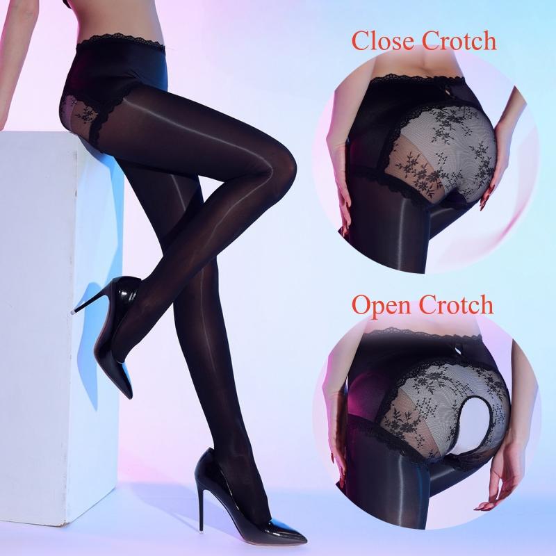 Super Gladde Satin Slipjes Patchwork Panty's Dames Grote Maten Ondergoed Sexy Olie Glanzend Open Kruis Panty's Paaldans Clubkleding