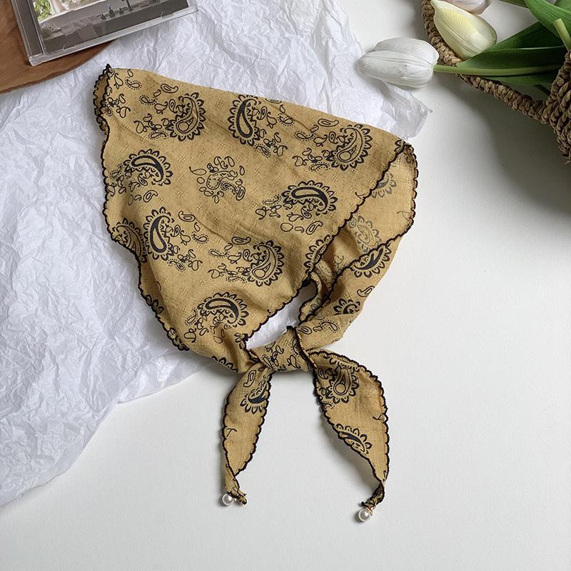 Triangle Scarf Scarf Female Retro Literary Floral Cotton and Linen Neck Protector Decorative Pearl Small Pendant Small Scarf Headband
