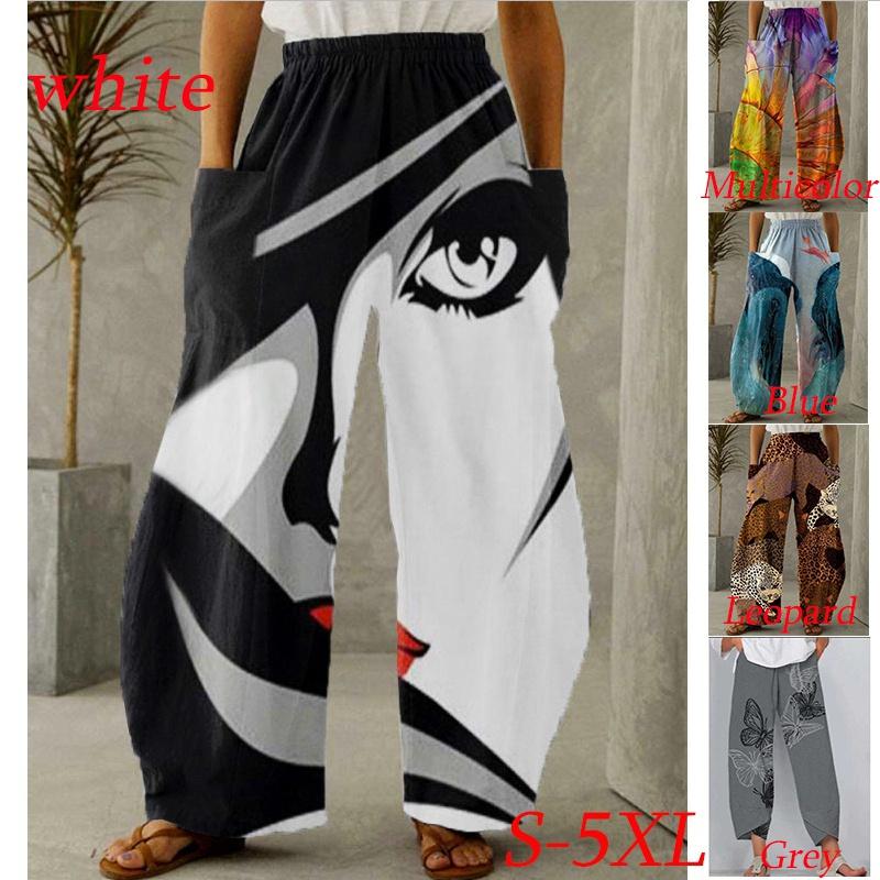 

Женские мешковатые льняные брюки в стиле ретро с принтом и эластичной резинкой на талии, широкие брюки, повседневные свободные шаровары с высокой талией