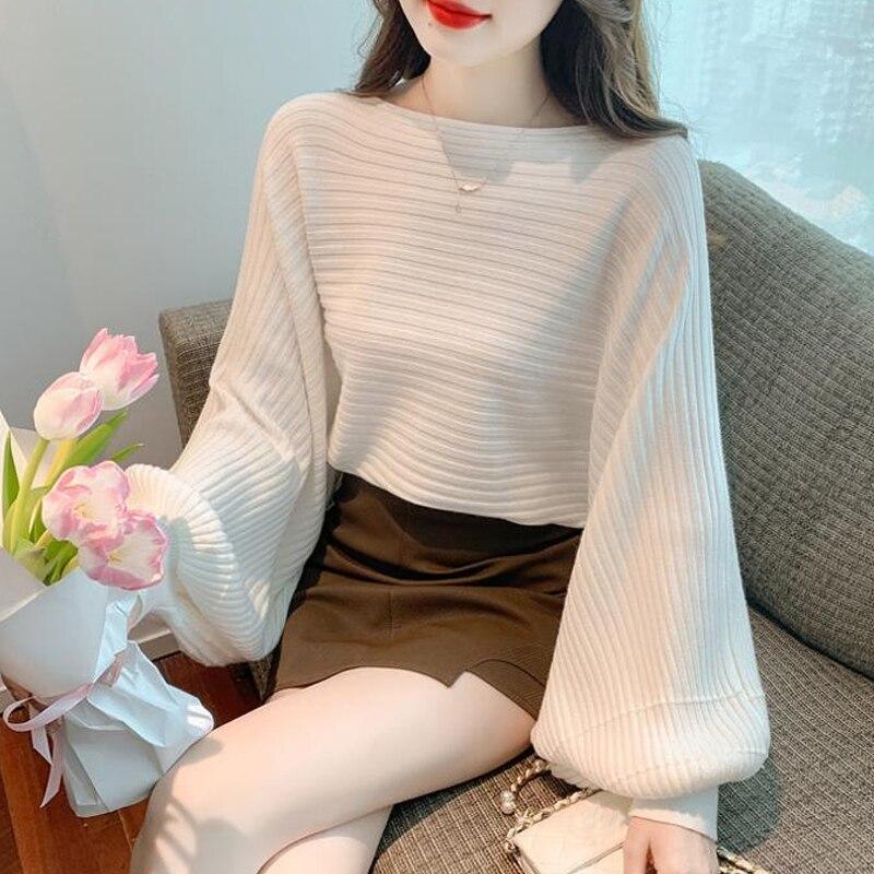 Lange Laterne Hülse Pullover Frauen Gestrickte Pullover One-wort Kragen Mode Lose Tops Herbst Elegante Casual Einfache Jumper 29305