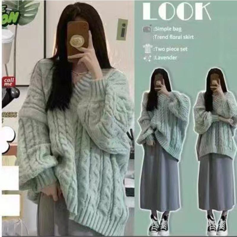 Autumn and winter new loose pullover knitted sweater thickened medium and long sweater women's lazy wind v-neck twist top