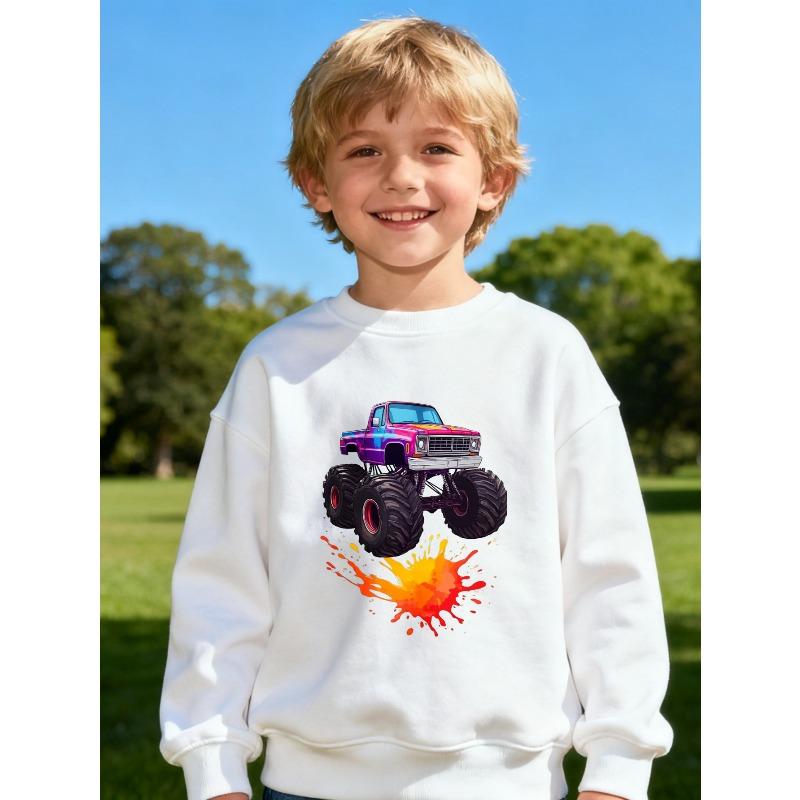 European sizes Kids' Crewneck Sweatshirt Featuring a Vibrant Monster Truck Design, Great for Outdoor Activities And Daily Use