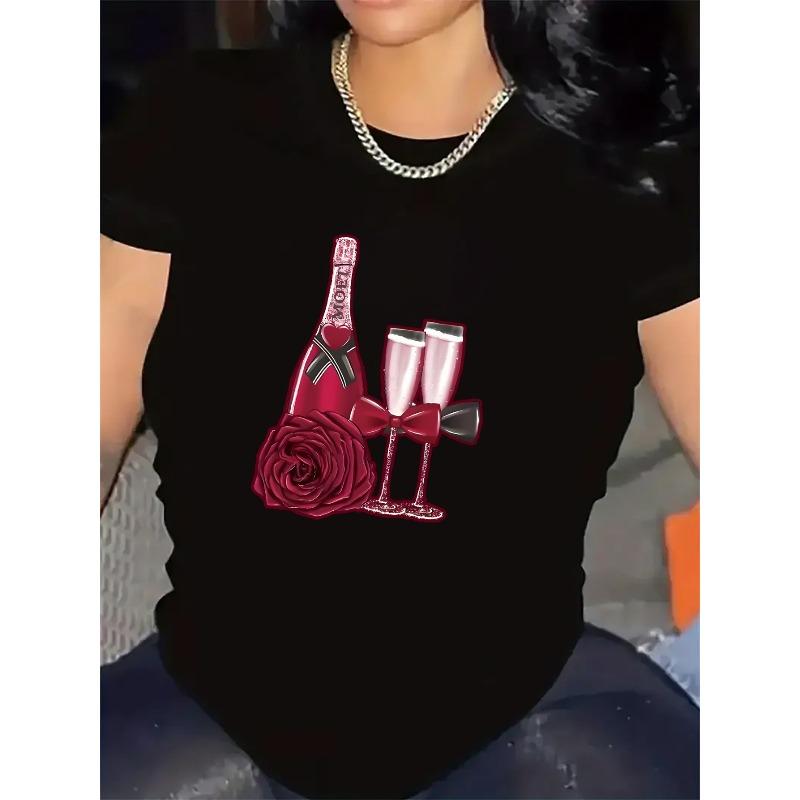 

European sizes Women Elegant Champagne & Rose Print Short Sleeve T-Shirt Round Neck Blouse, Machine Washable for, Wedding Guest 4XL чорний