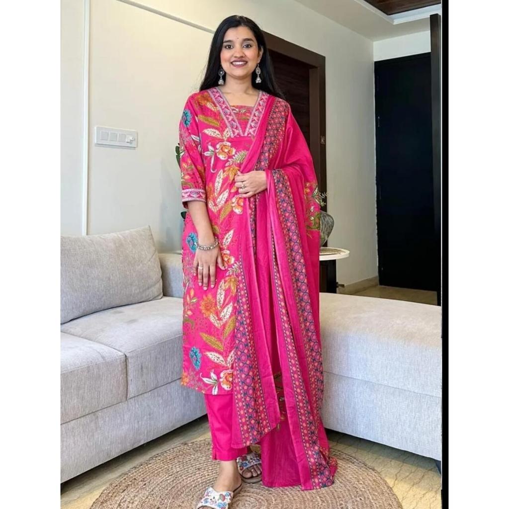 Indian Designer Cotton Kurta Pant Dupatta Set Women Bollywood Top Tunic Kurti VF-20224