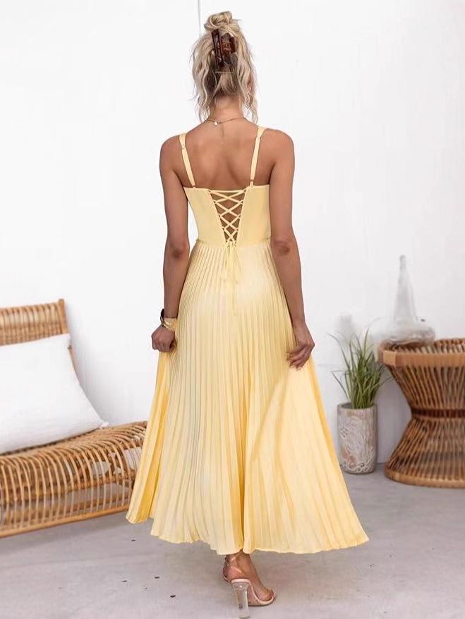 Elegant European & American Women's Pleated Spaghetti Strap Backless Dress
