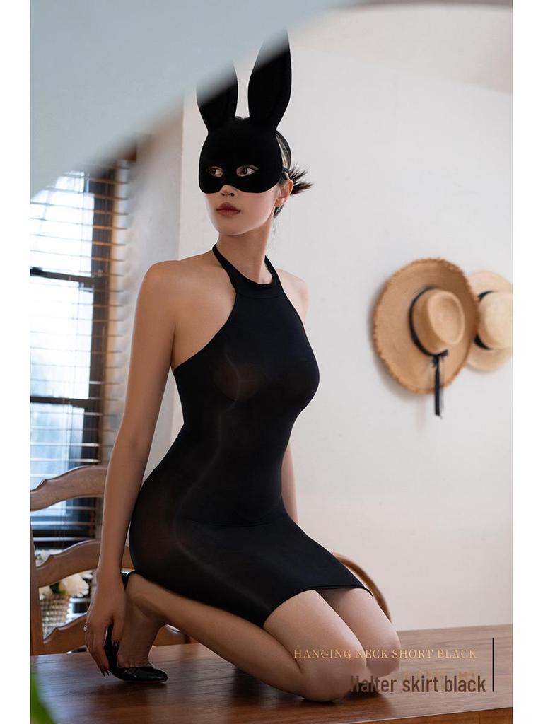 Large Silky Black Suspender Skirt Lingerie: Sexy Silk Pajamas & Stockings for Women