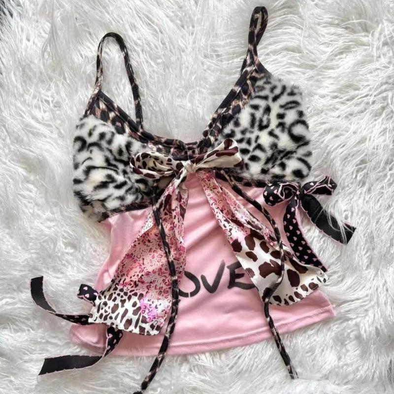 Американская Харадзюку Горячая Девушка Майка Субкультура Леопардовый Пэчворк Бант Халтер Жилет Y2K Эстетика Принт с Буквами Топы Женские Стройный Топ S розовый