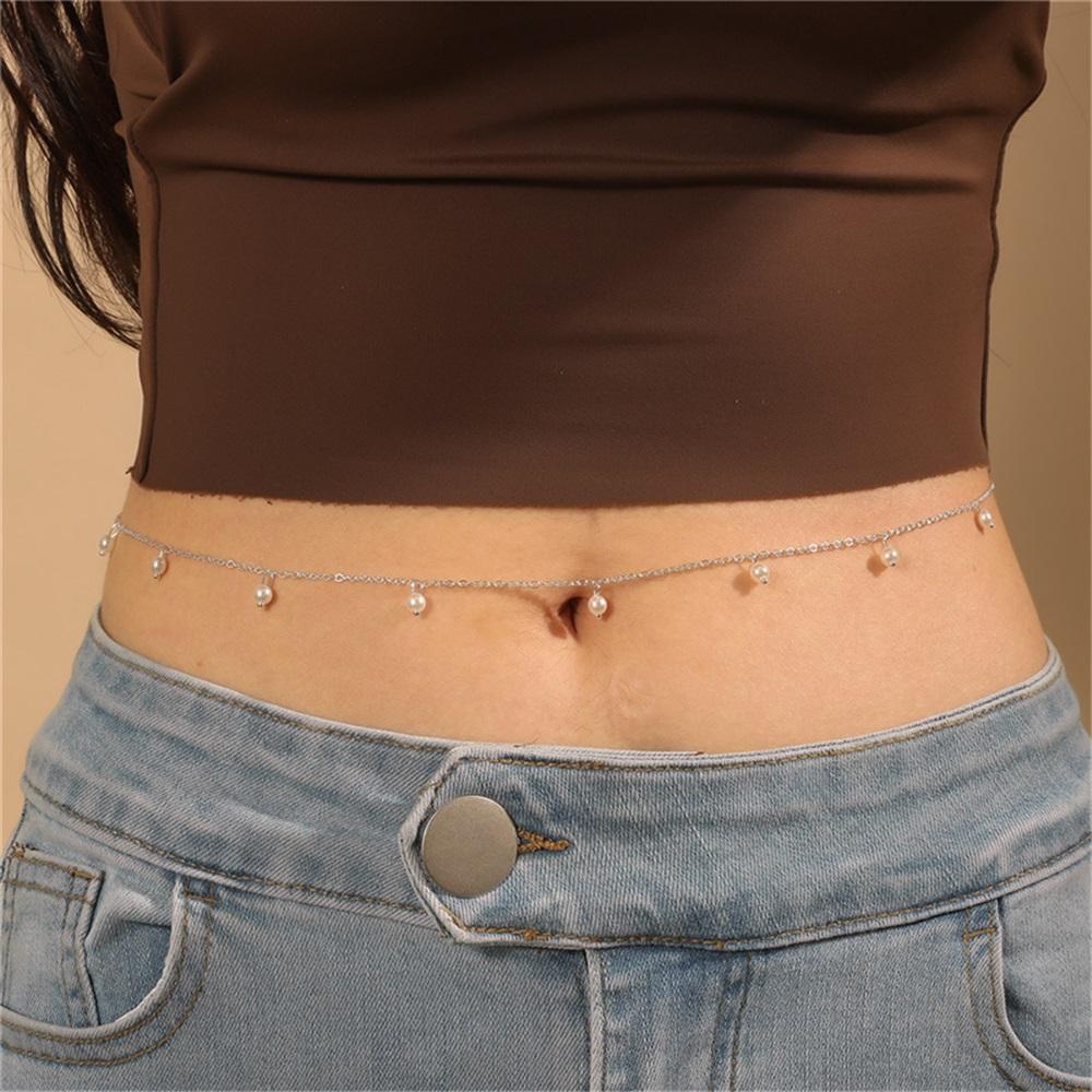 Sexy Vintage Aesthetic Pearl Pendant Belly Chain Link Body Chain Waist Chain Belt Streetwear Summer Women Fashion Body Jewelry