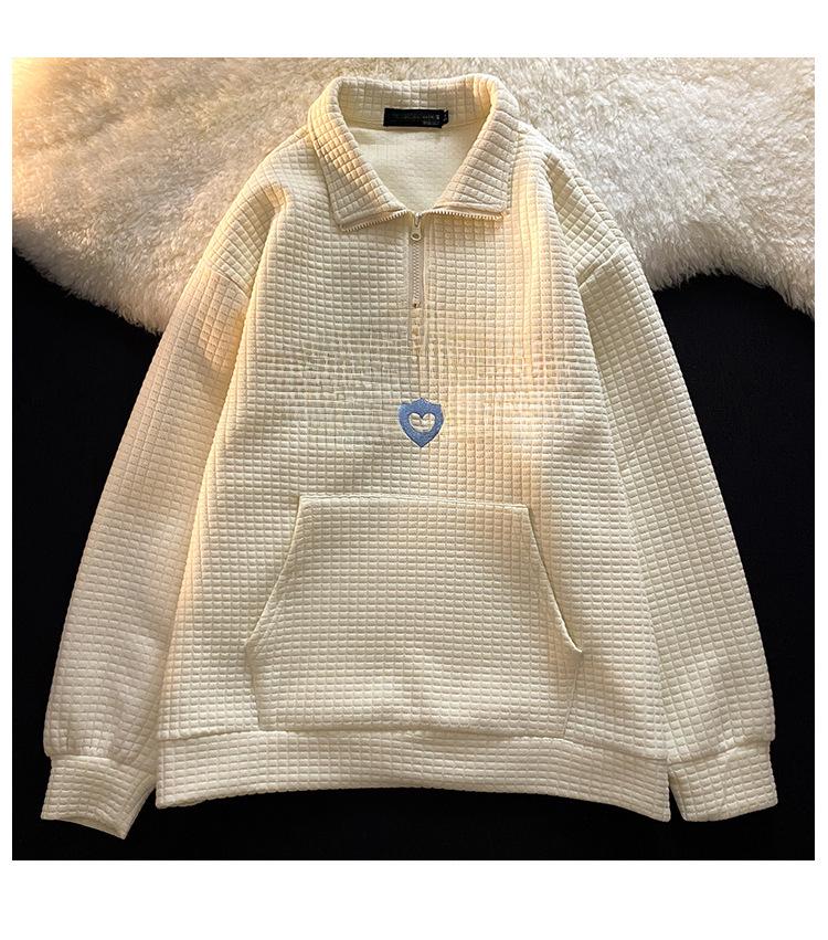 2025 Autumn Waffle-Patterned Embroidered Oversized Polo Shirt for Women with Lapel