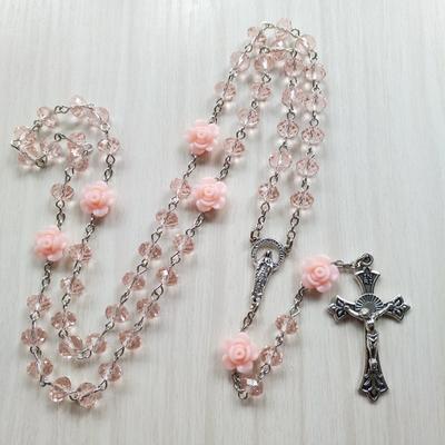 1pcs Pink Rose Crystal Rosary Necklace Catholic Vintage Cross Pendant Long Necklace Religious Jewelry