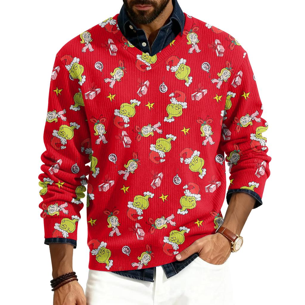 Men's V-neck Long Sleeve Ribbed Knit Pullover