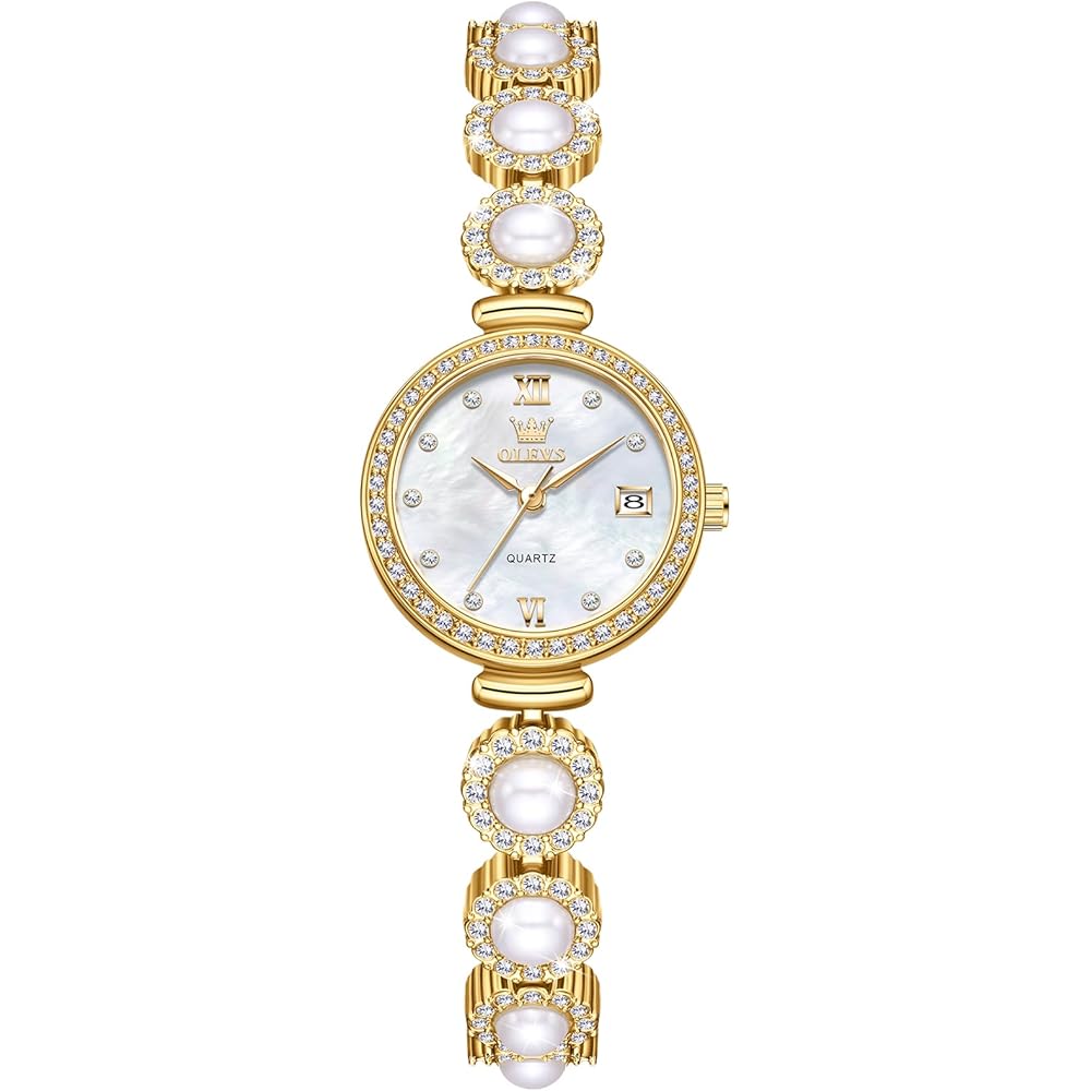 Olevs Women s Small Waterproof Quartz Analog Retro Watch Gold Metal Band Pearl Bracelet White Mother of Pearl Dial