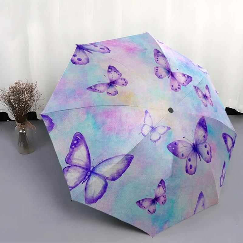Purple Butterfly Pattern New Umbrella, 1pc Automatic Folding Travel Umbrella, Portable Foldable Design for Men and Women, Hall