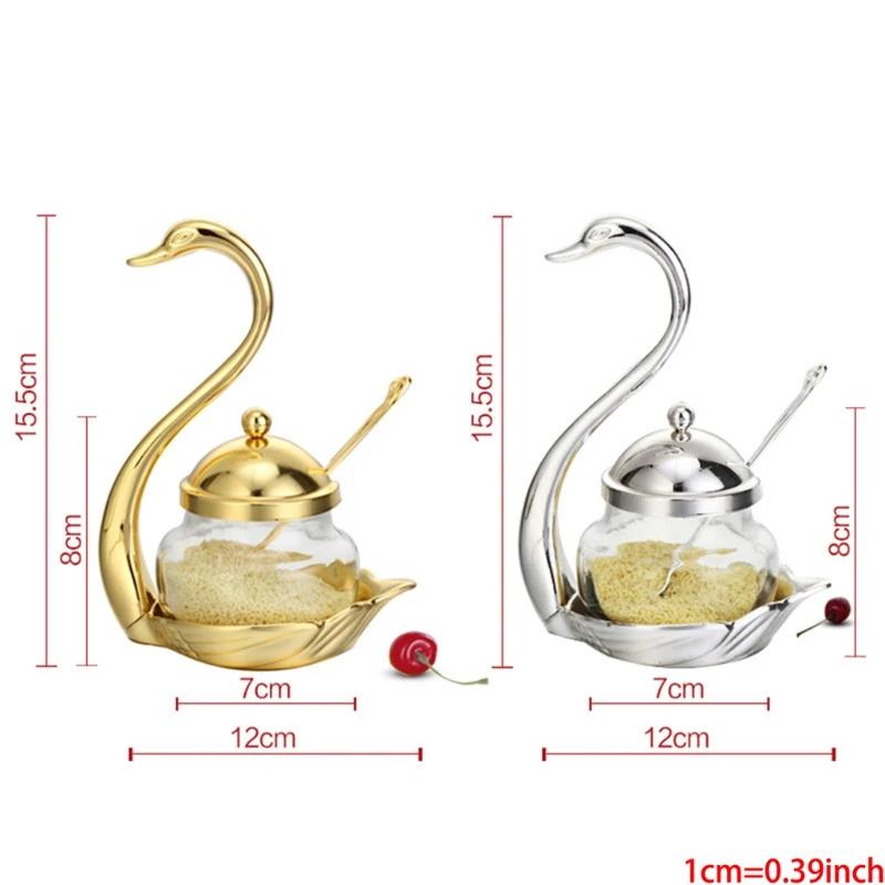 Alloy Condiment Pot Seasoning Container Spice Glass Jar Salt Sugar Bowl Pepper Coffee Storage Organizer Swan Rack Set