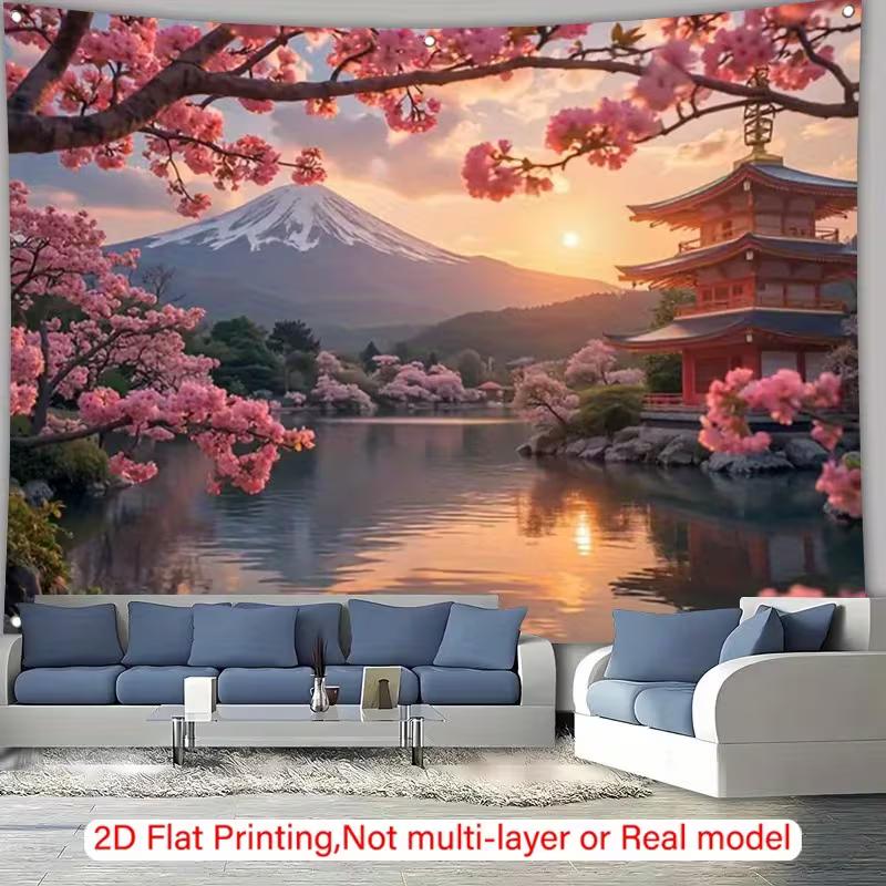 

2D Asian Themed Backdrop, Mount Fuji & Red Pagoda with Blooming Sakura Banner 47.2x31.5inch/120*80cm