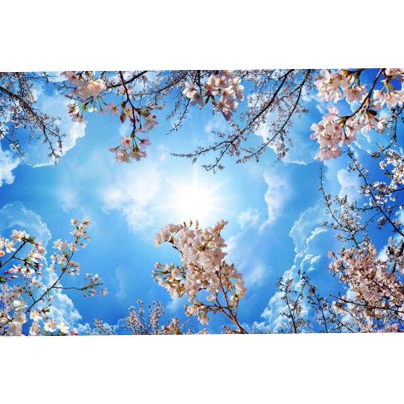 3D tapeta Stropní fototapeta Cherry Blossom, Odnímatelná Fototapeta 3D Blue Sky Ložnice Tapeta do obývacího pokoje