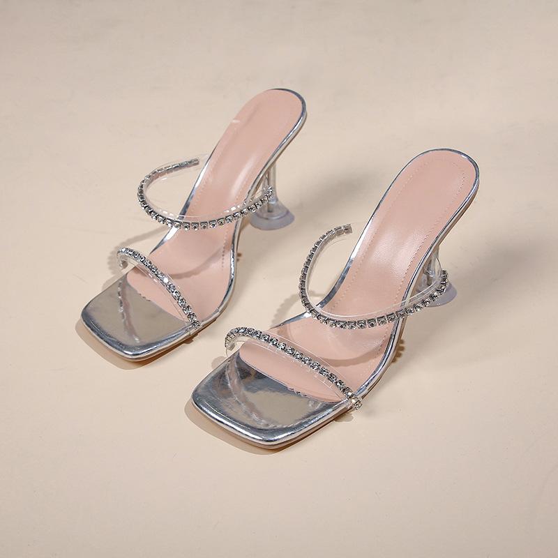 Летние новые туфли-шлепанцы на высоком каблуке со стразами женские на тонком каблуке прозрачные красивые серебристые туфли-шлепанцы на высоком каблуке 34 серебряный 2398₽