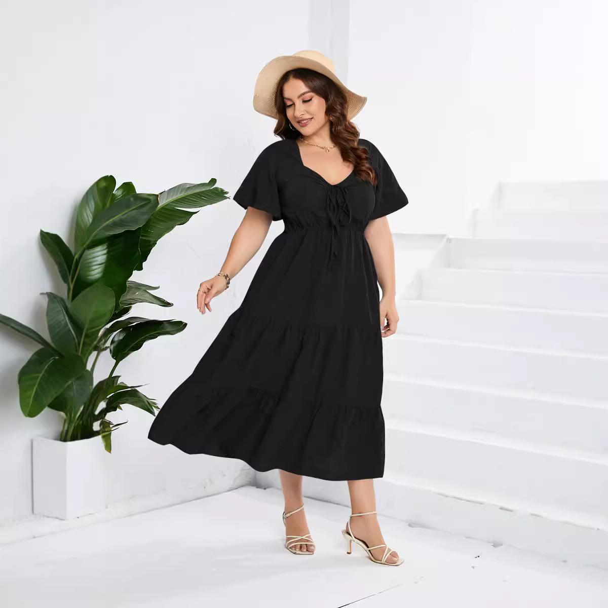 

Жіноча сукня з V-подібним вирізом, багатоярусними воланами та зав язками, літня сукня з коротким рукавом 5XL чорний