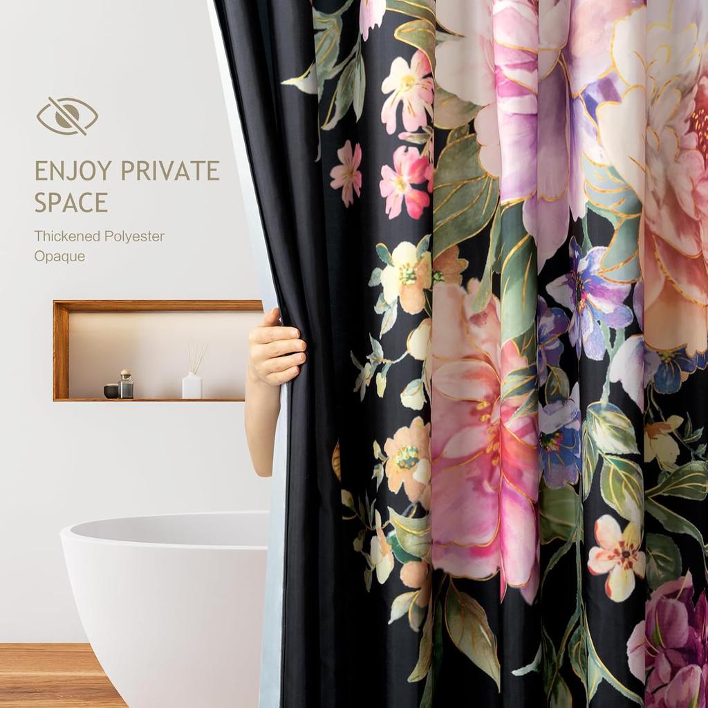 Vimorco Flower Butterfly Shower Curtain, Black Shower Curtains for Bathroom, Waterproof Quick-Dry Polyester Fabric Flower Shower Curtain, Floral Bath