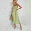 Halter Women Solid Color Summer Sleeveless Dress Knee Length Elegant Casual Pleated Square Neck