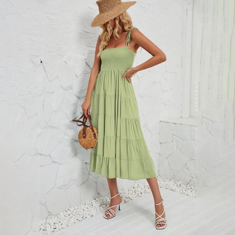 Halter Women Solid Color Summer Sleeveless Dress Knee Length Elegant Casual Pleated Square Neck