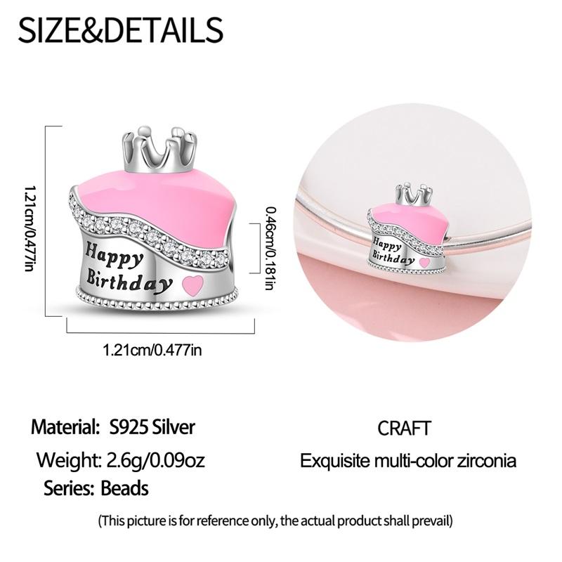 Original Charms Copper Pink Happy Birthday Crown Cake Bead For Woman Jewelry Birthday Gift For Bracelet Accessories