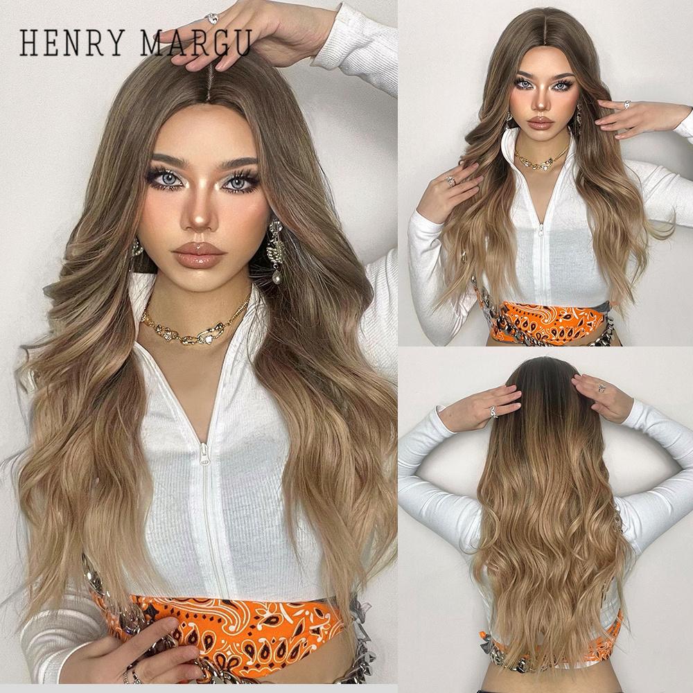 HENRY MARGU Ilgi vandens banguoti sintetiniai perukai nuo rudos iki blondinės spalvos Ombre perukai su kirpčiukais moterims vakarėliams Cosplay karščiui atsparūs perukai