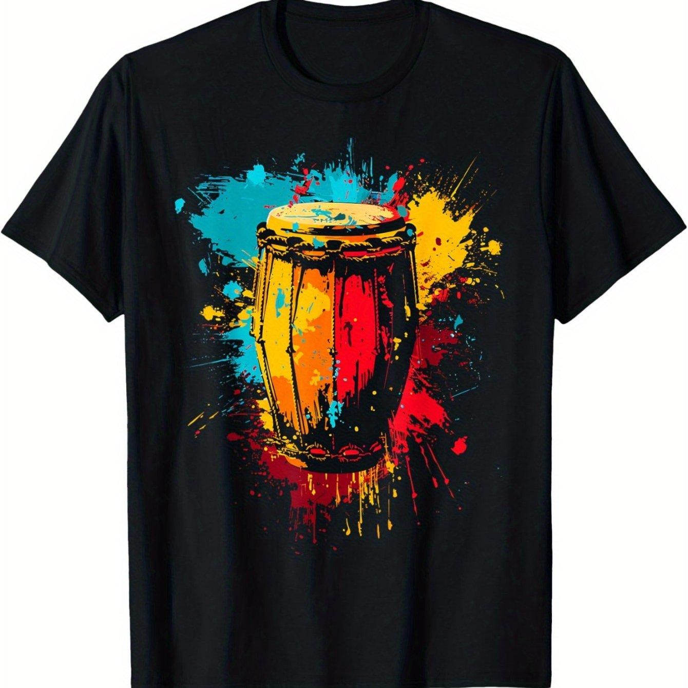 Colorful Painted Conga Drum Print Mens Cotton TShirt Casual Graphic Short Sleeve Tee S