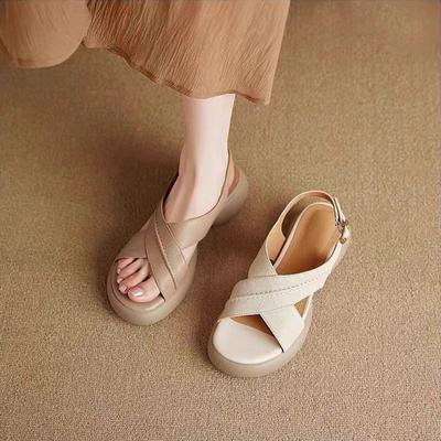 Versatile 2025 Summer Casual Sandals Outer Wear French Cross with Open Toes Women's Soft Leather Thick Sole Popular Women's Shoes