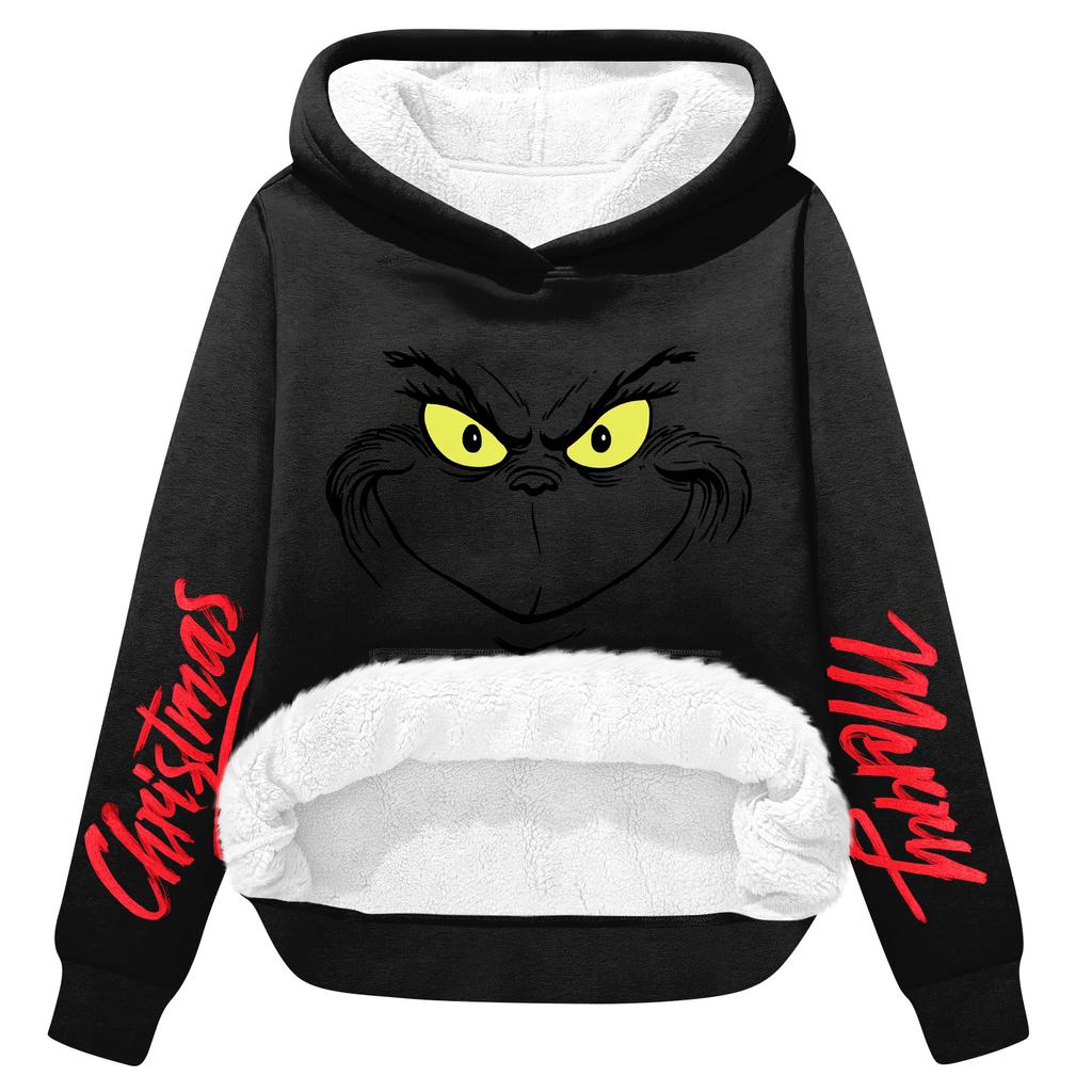 Women's Casual Fashion Plus Velvet Thickened Christmas Print Hooded Sweatshirt