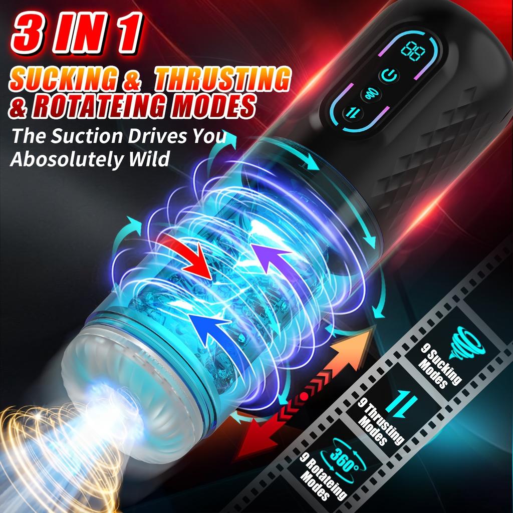 Male Automatic 9 Thrusting 9 Rotating 9 Sucking Blowjob Masturbator Cup 3D Textured Tunnel Sex Toys LCD Display Visual Window