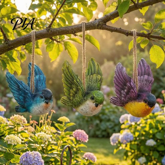 Colorful Hanging Bird Ornaments 3Pcs Resin Ornament, Hand-Painted Figurine with Jute String, Animal Statues for Garden Weatherproof Outdoor Tree Patio