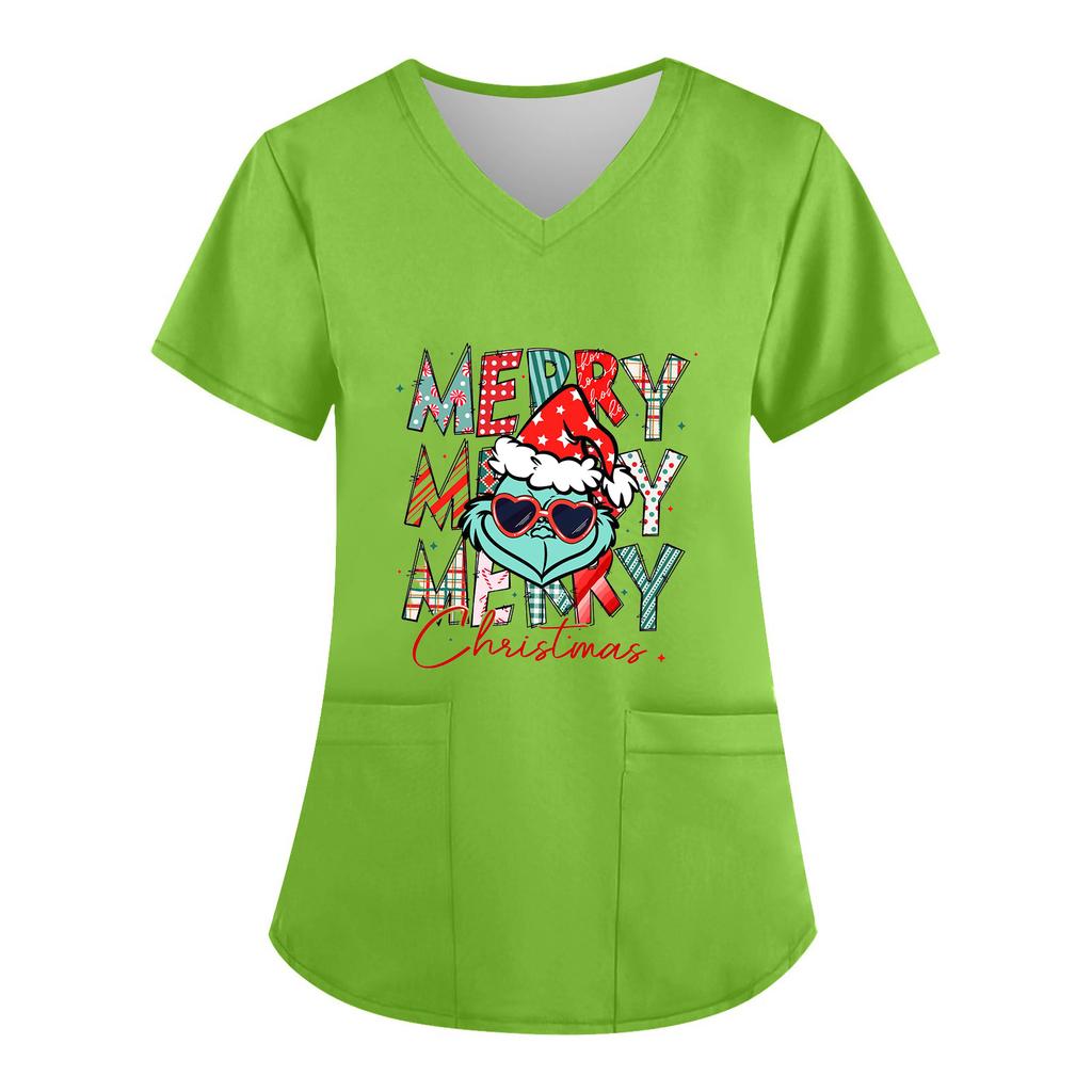 Women's V-neck Christmas Print Short-sleeved Pocket Side Slit Uniform Top