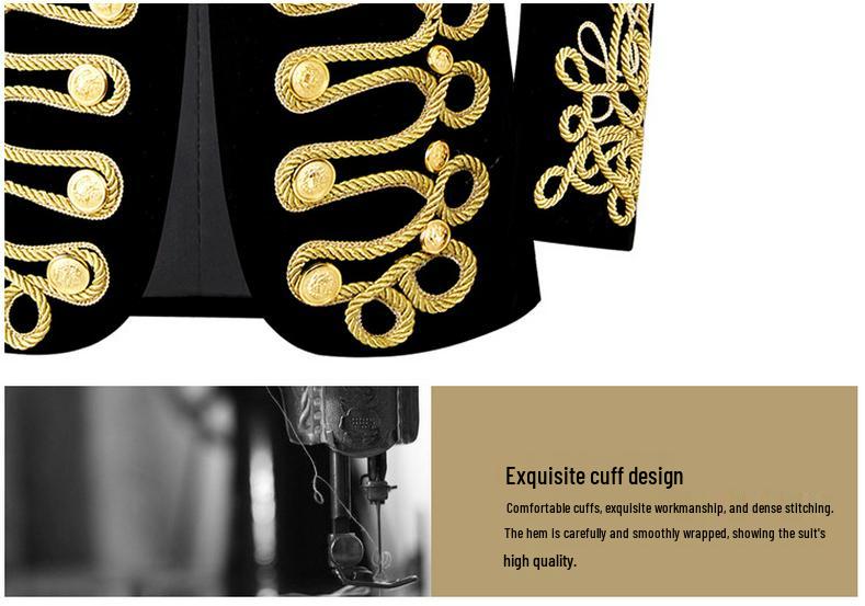 Men's Retro European Velvet Military Jacket with Gold Embroidery