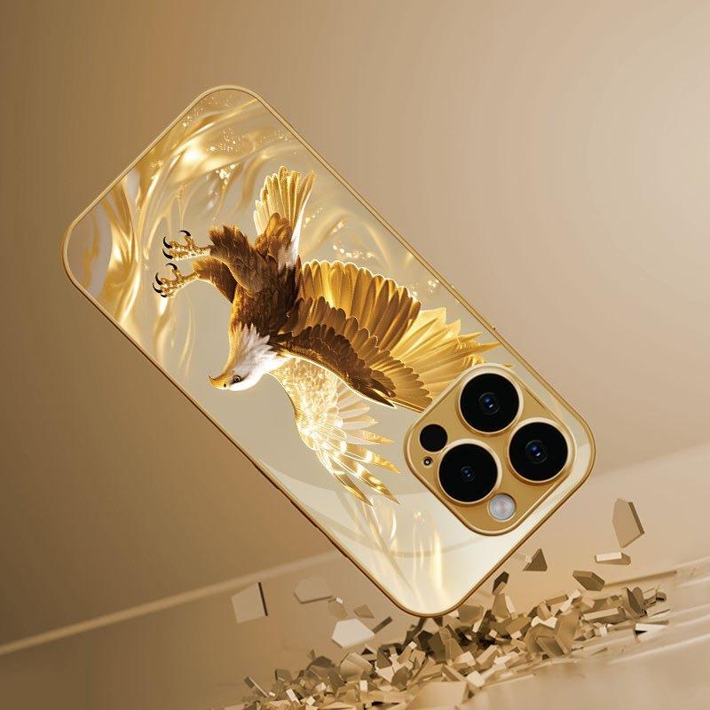 Golden Eagle Pattern Metallic Glass Phone Case For iPhone 11 12 13 14 15 16 17 Pro Max 14 Plus 17 Air 16E Shockproof Cover