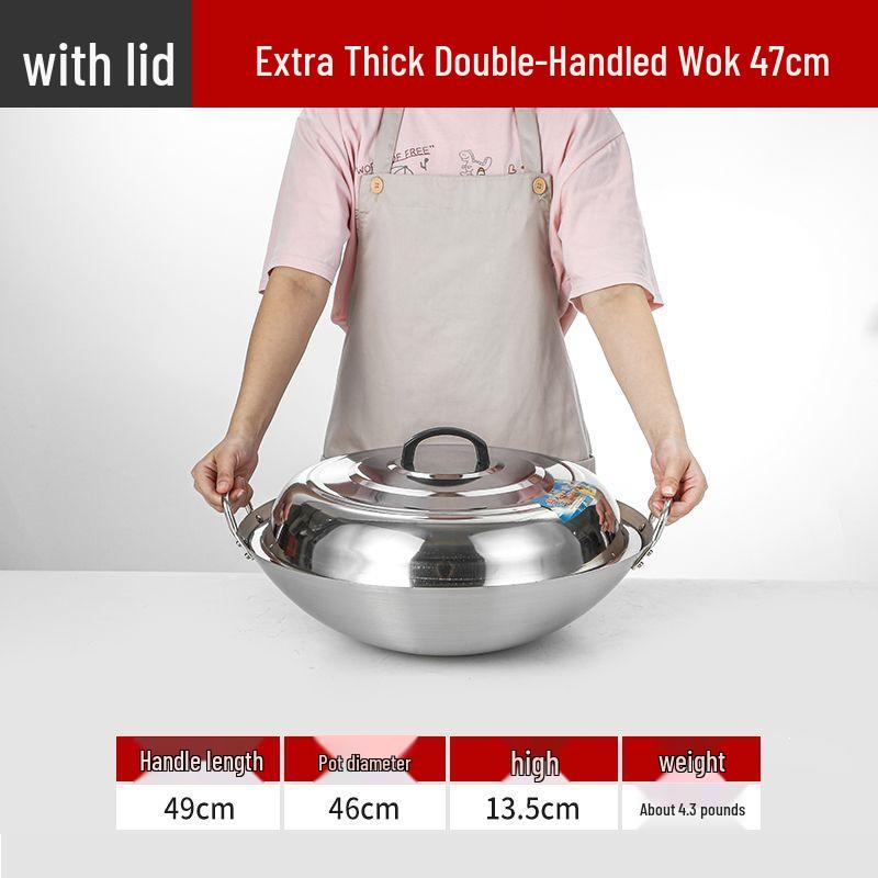 Extra Thick Stainless Steel Double Ear Wok - Large Round Bottom Pot for Commercial Kitchens, Gas Stove Compatible