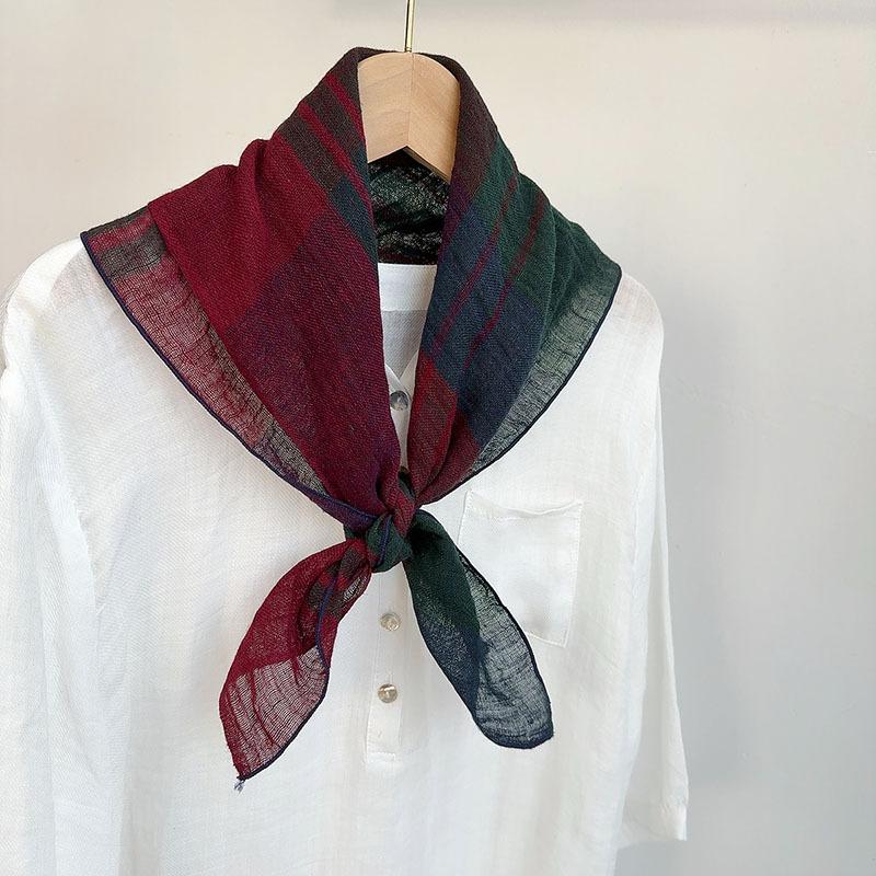 Retro Small Plaid Linen Square Scarf Literary And Versatile Women'S Summer Neck Protection Small Silk Scarf Scarf Accessories