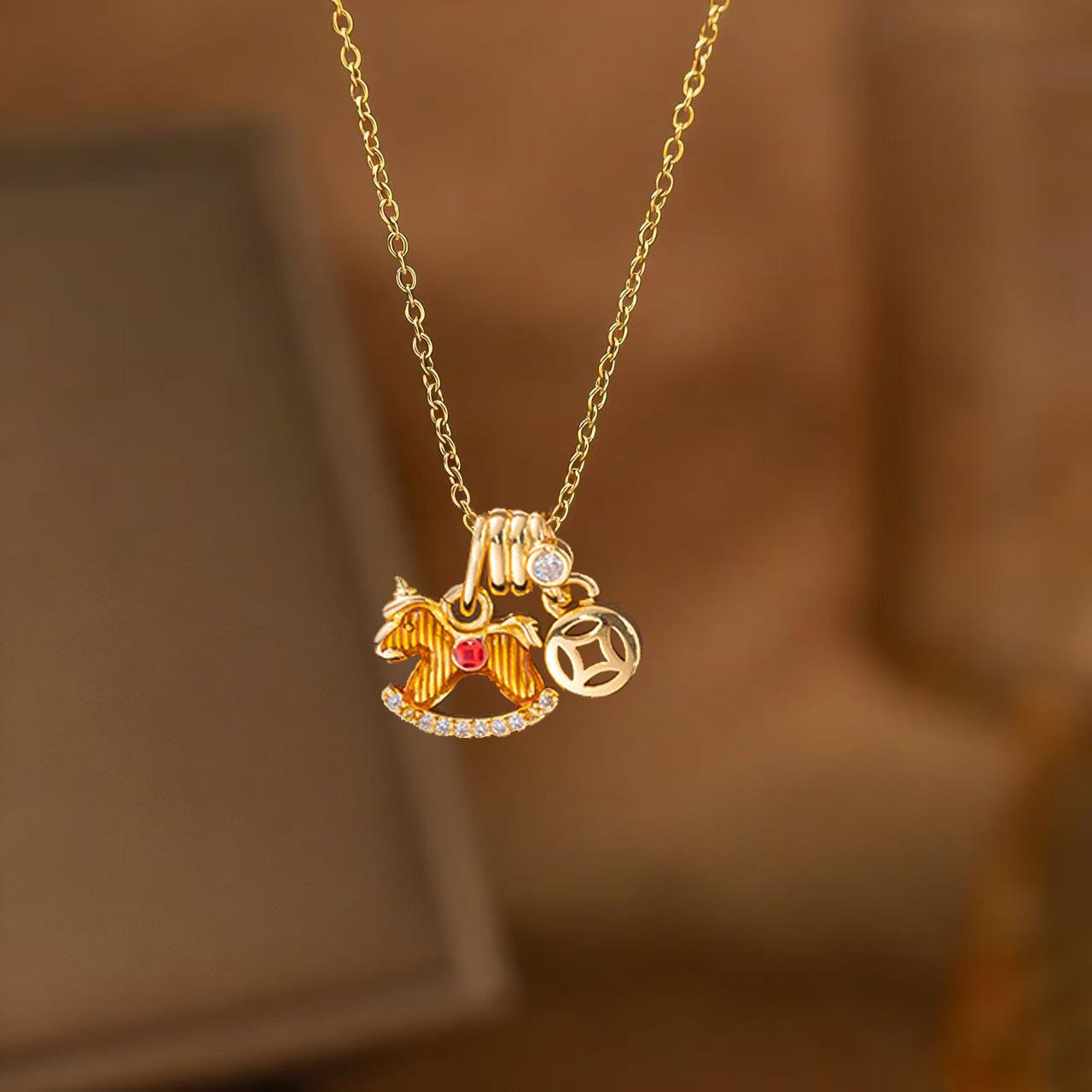 

Cute Exquisite Enamel Rocking Horse Donut Pendant Necklace for Women Gold Color Stainless Steel Collar Chain Jewelry Accessories
